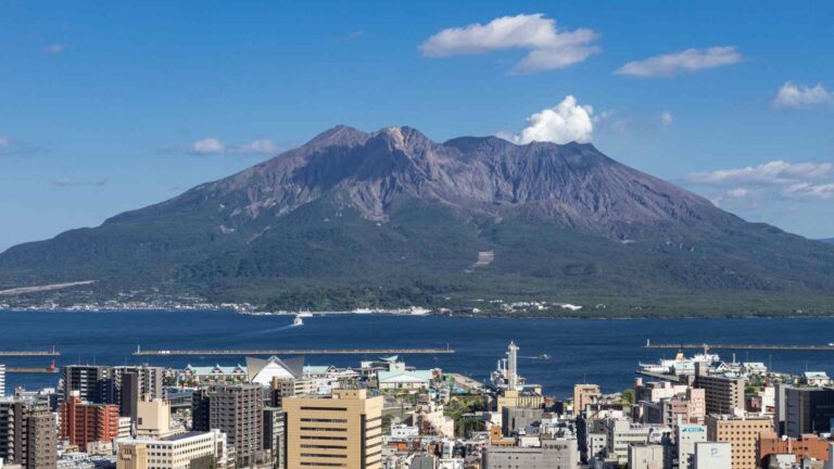 Sakurajima volcano towering over Kagoshima, Japan