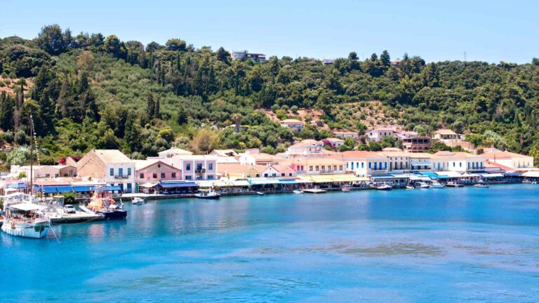 Katakolon harbor village and boats on the Ionian Sea