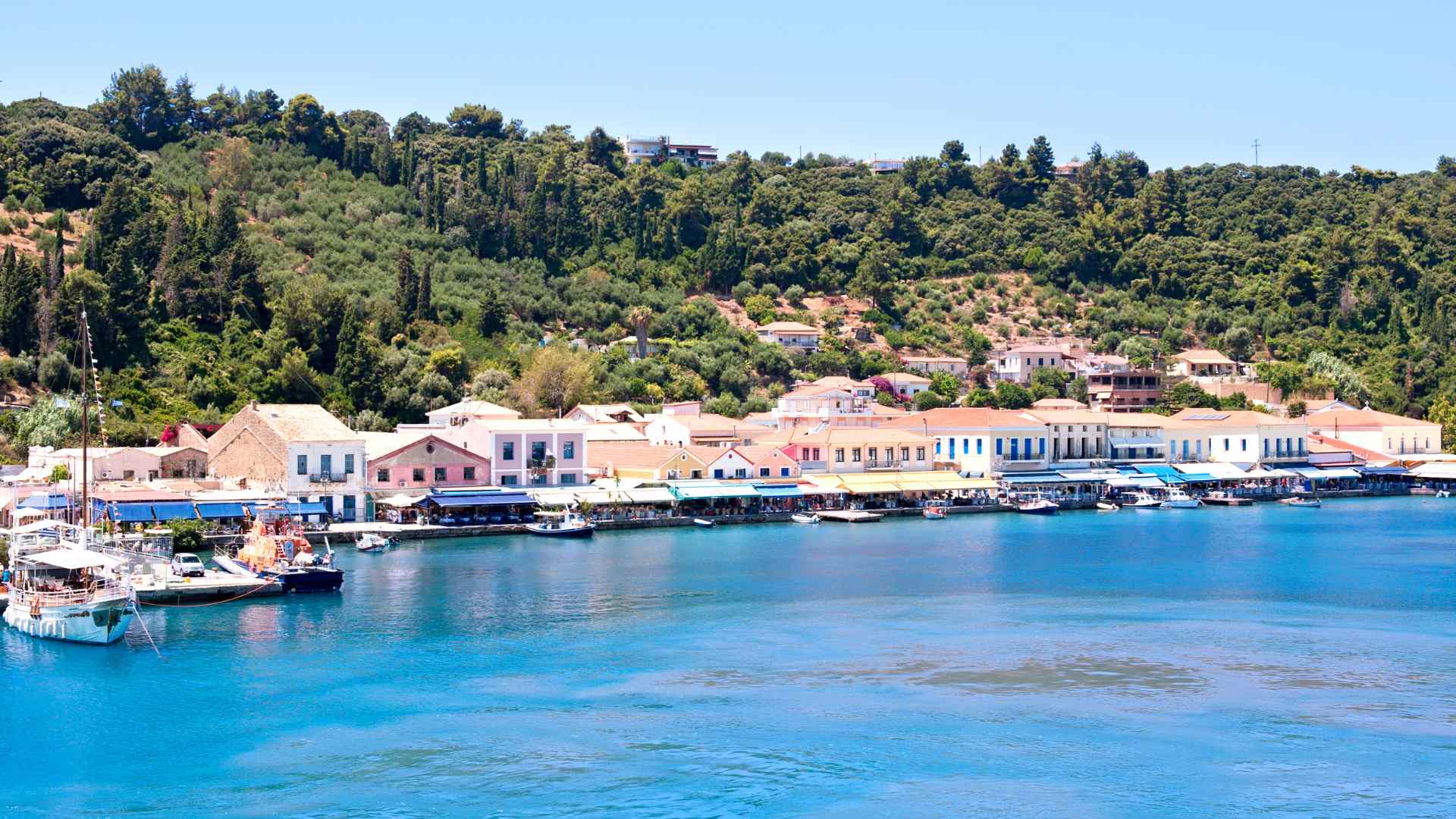 Katakolon harbor village and boats on the Ionian Sea