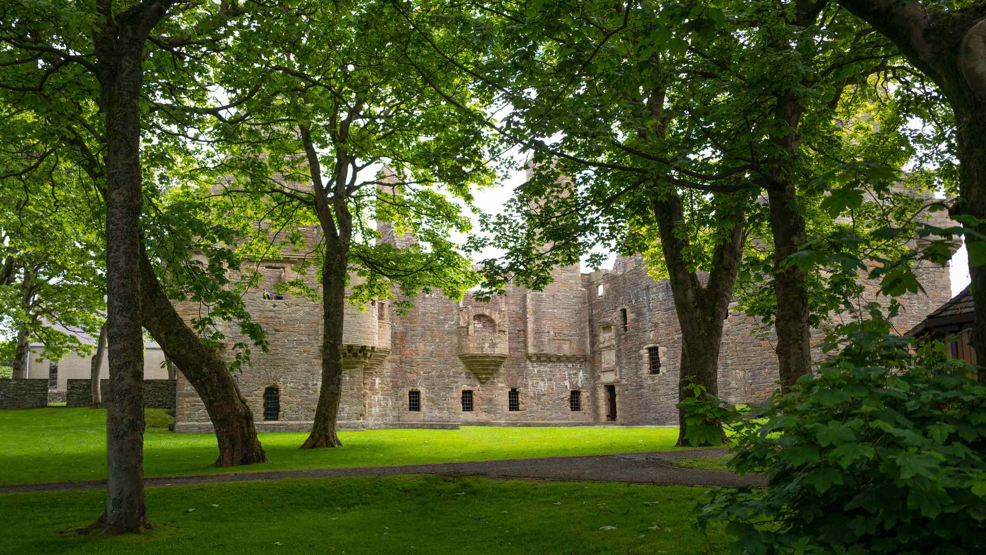 Historic palace ruins beneath trees in Kirkwall