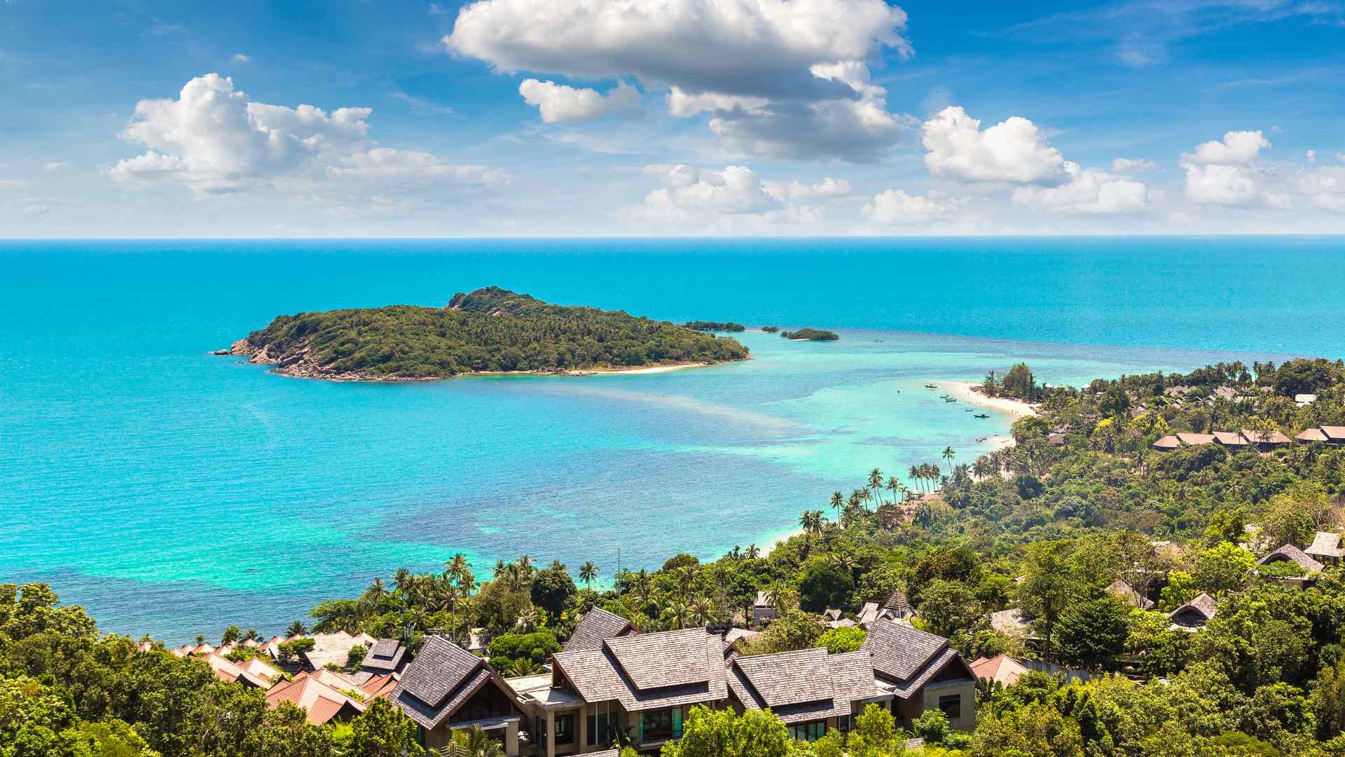 Elevated view of turquoise bays and resorts on Ko Samui