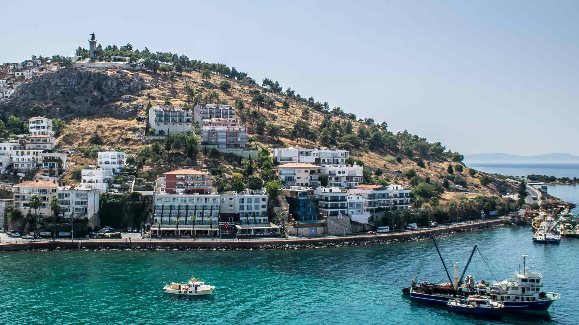 Passenger ferry crossing the waterfront at Kusadasi, Turkey