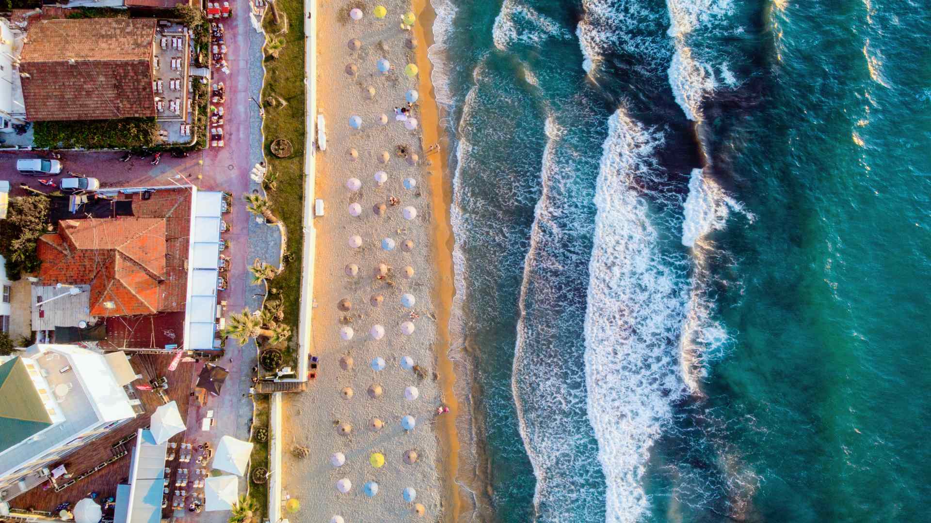 Aerial view of a sandy beach along the Kusadasi coast