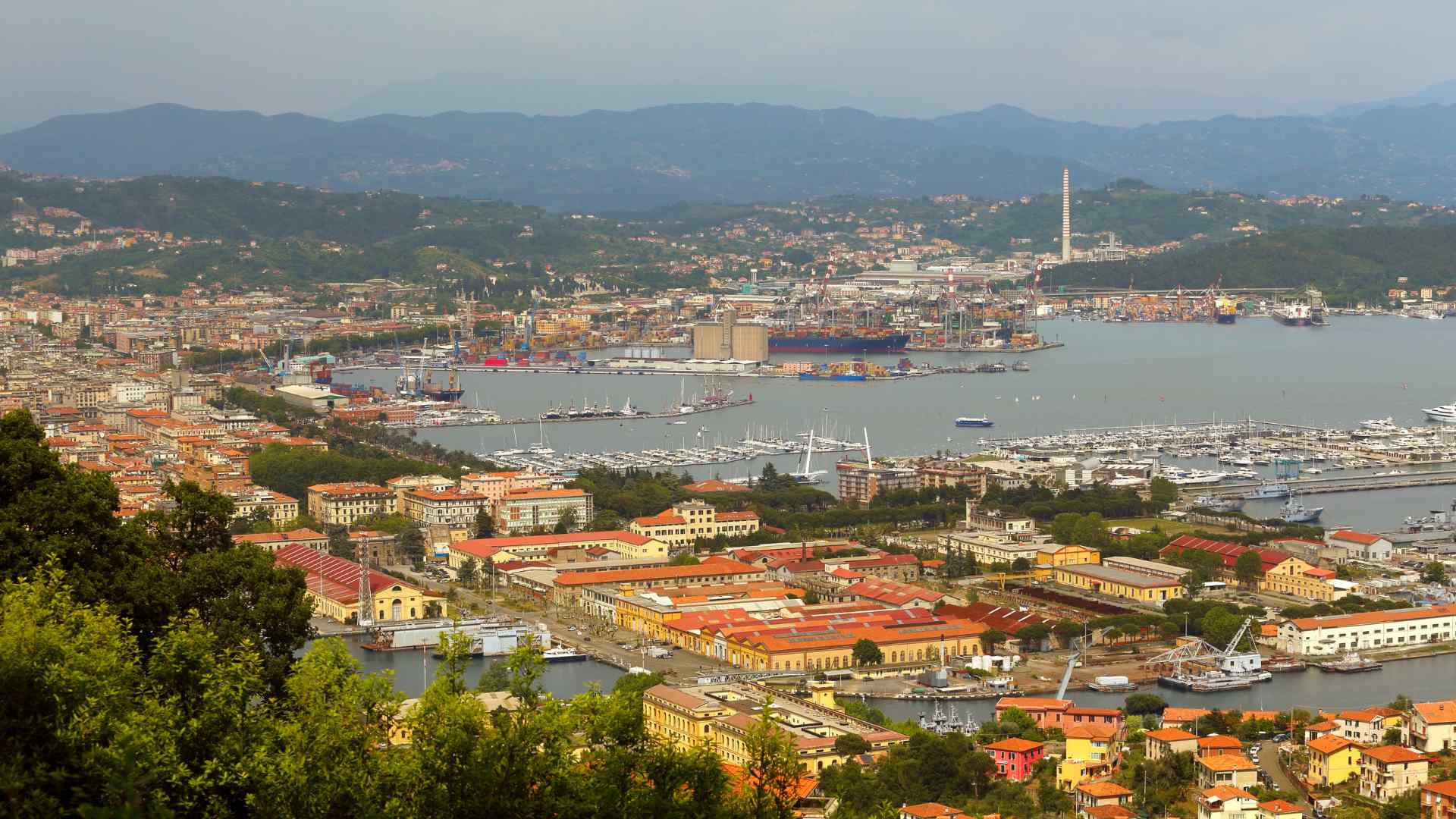 Aerial view of La Spezia city and harbor in Liguria