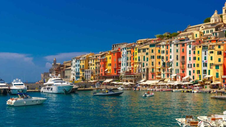 Colorful Portovenere waterfront and boats near La Spezia, Italy