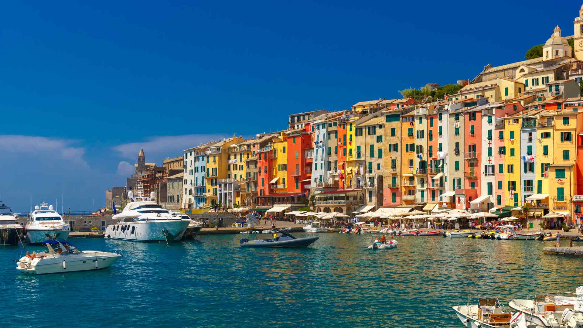 Colorful Portovenere waterfront and boats near La Spezia, Italy