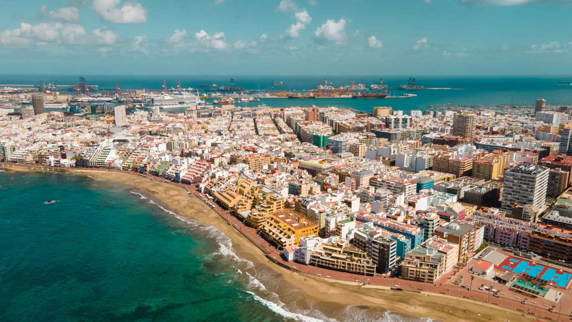 Aerial view of Las Palmas coastline and city beaches
