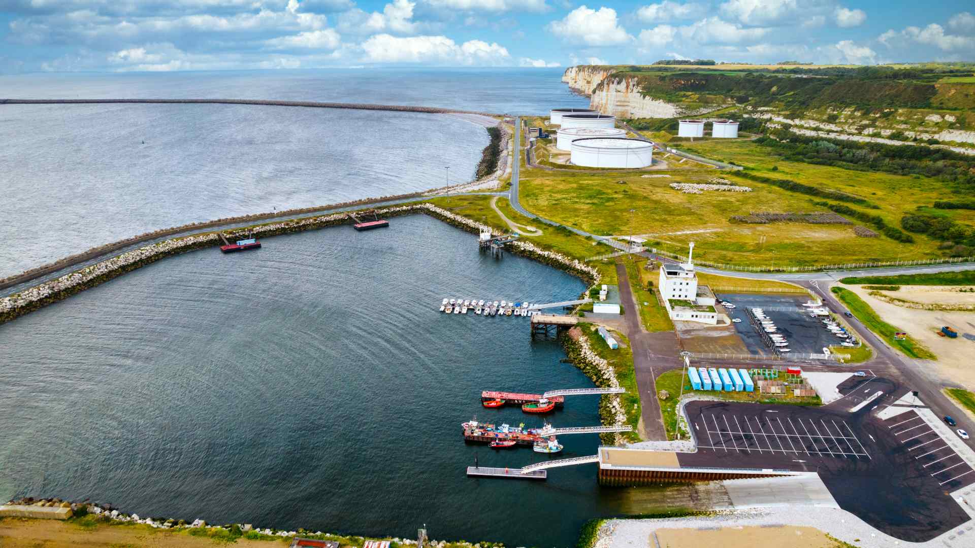Aerial view of Le Havre cruise terminal and harbor, France