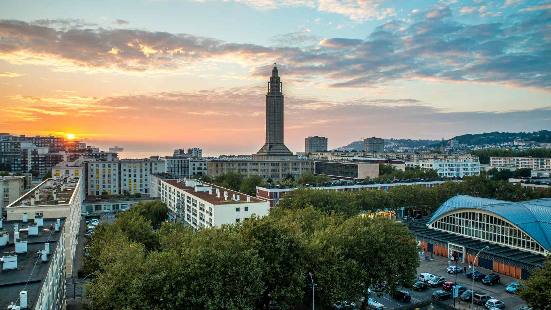 Le Havre skyline with Saint Joseph's Church at sunset, France
