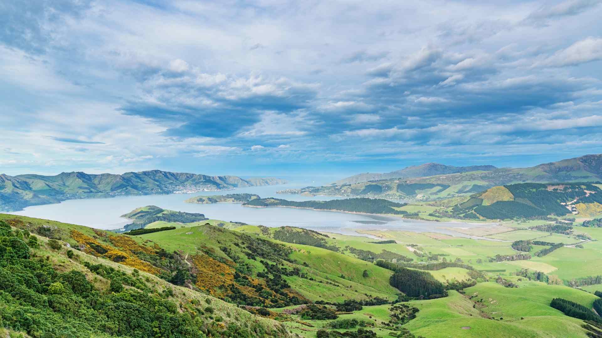 Green hills and blue inlets of Banks Peninsula near Lyttelton