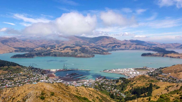 Aerial view of Lyttelton Harbour and town in New Zealand