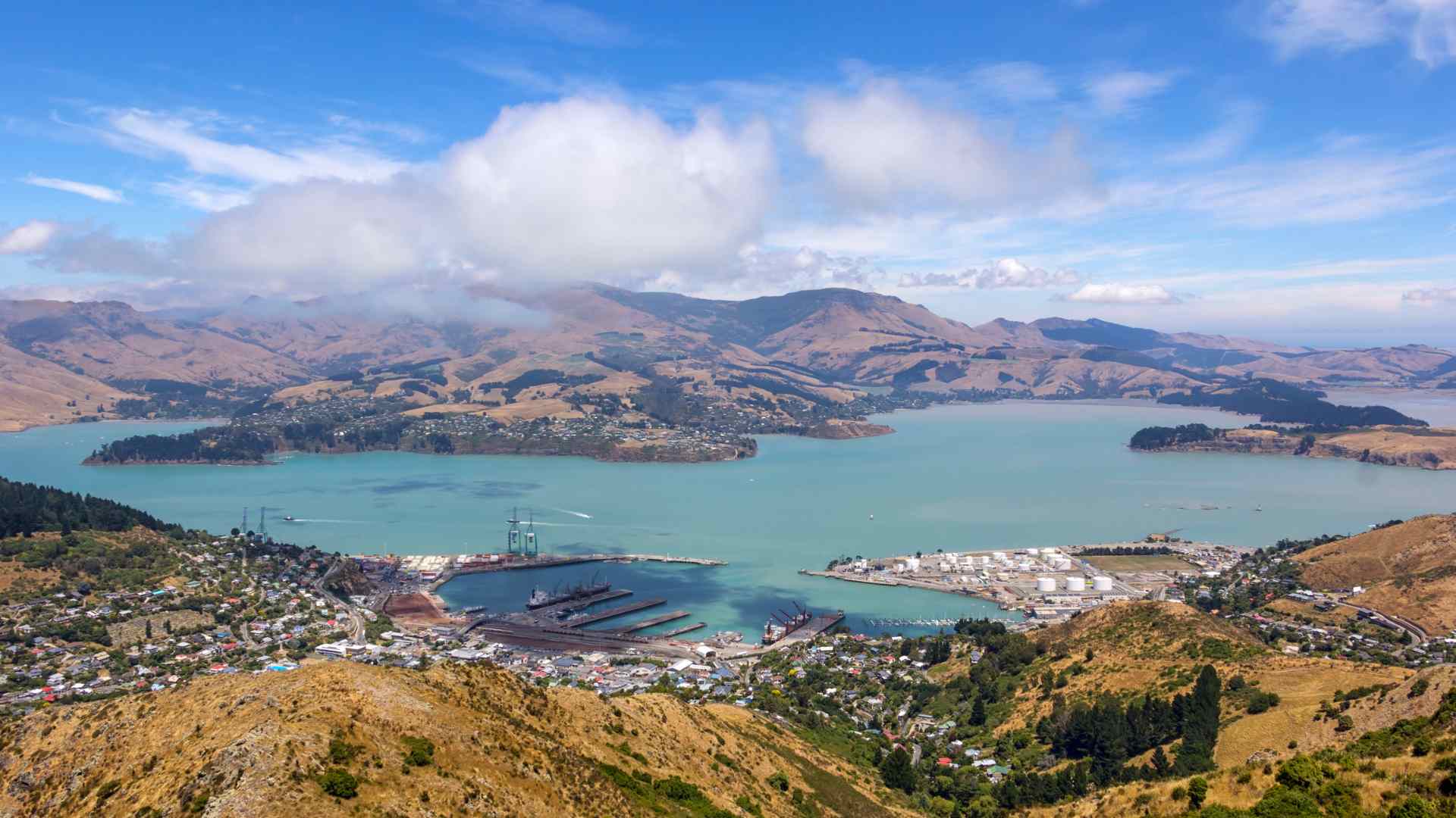 Aerial view of Lyttelton Harbour and town in New Zealand