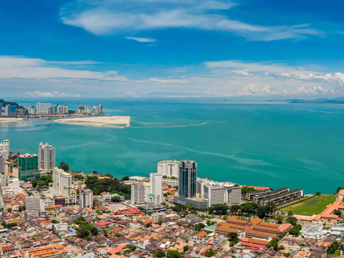 Aerial view of George Town and Penang coastline in Malaysia