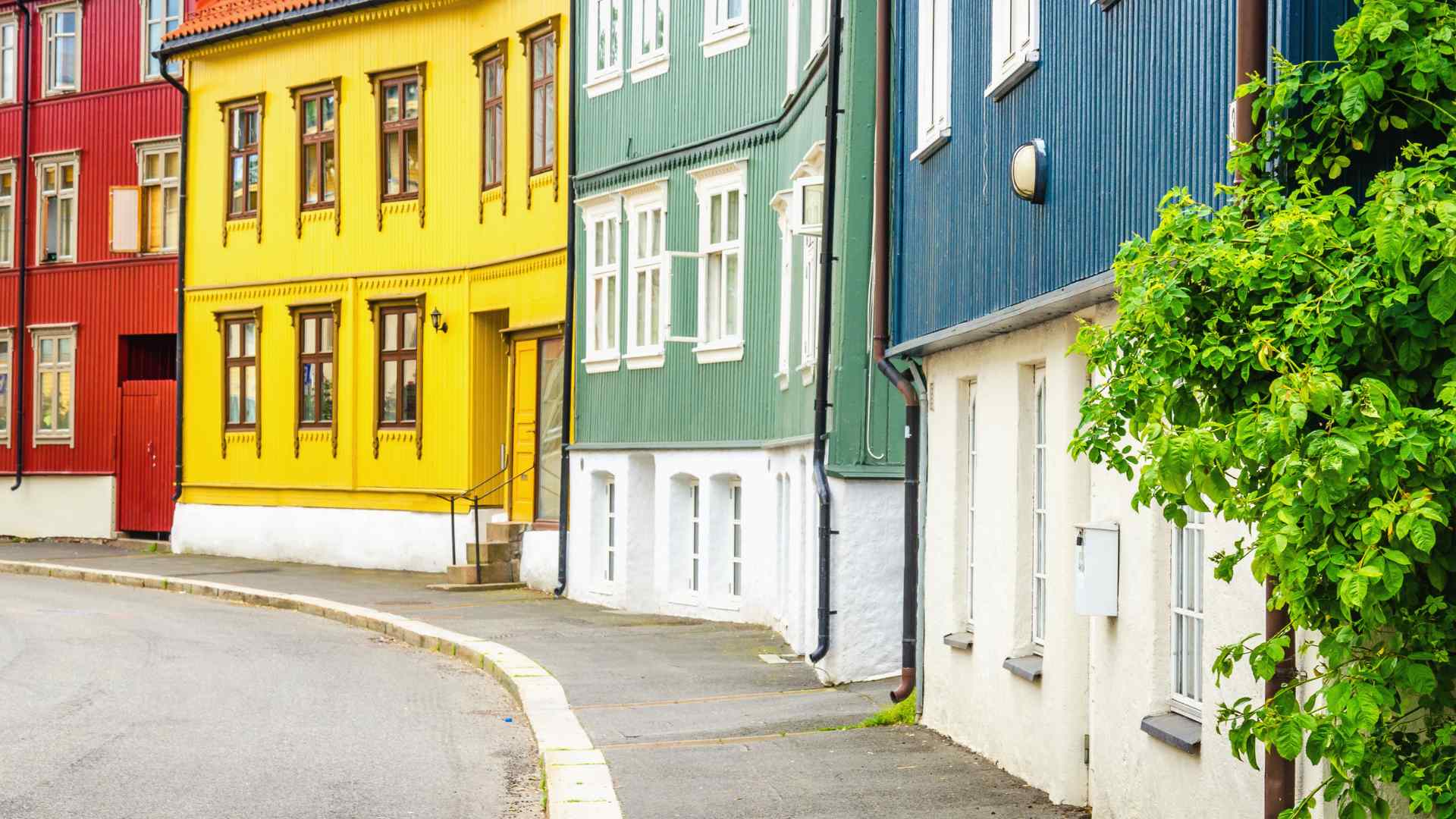 Colorful wooden houses on a quiet Oslo street