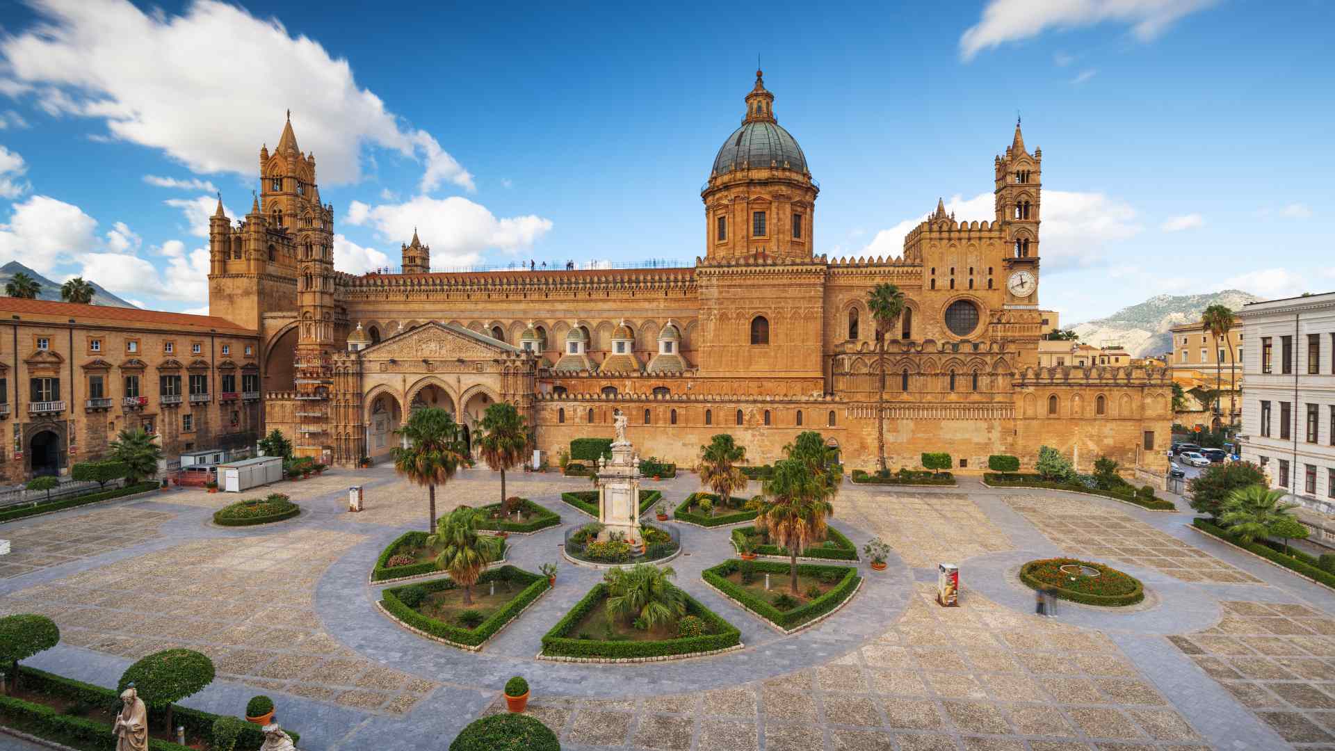 Palermo Cathedral and its landscaped plaza in Sicily