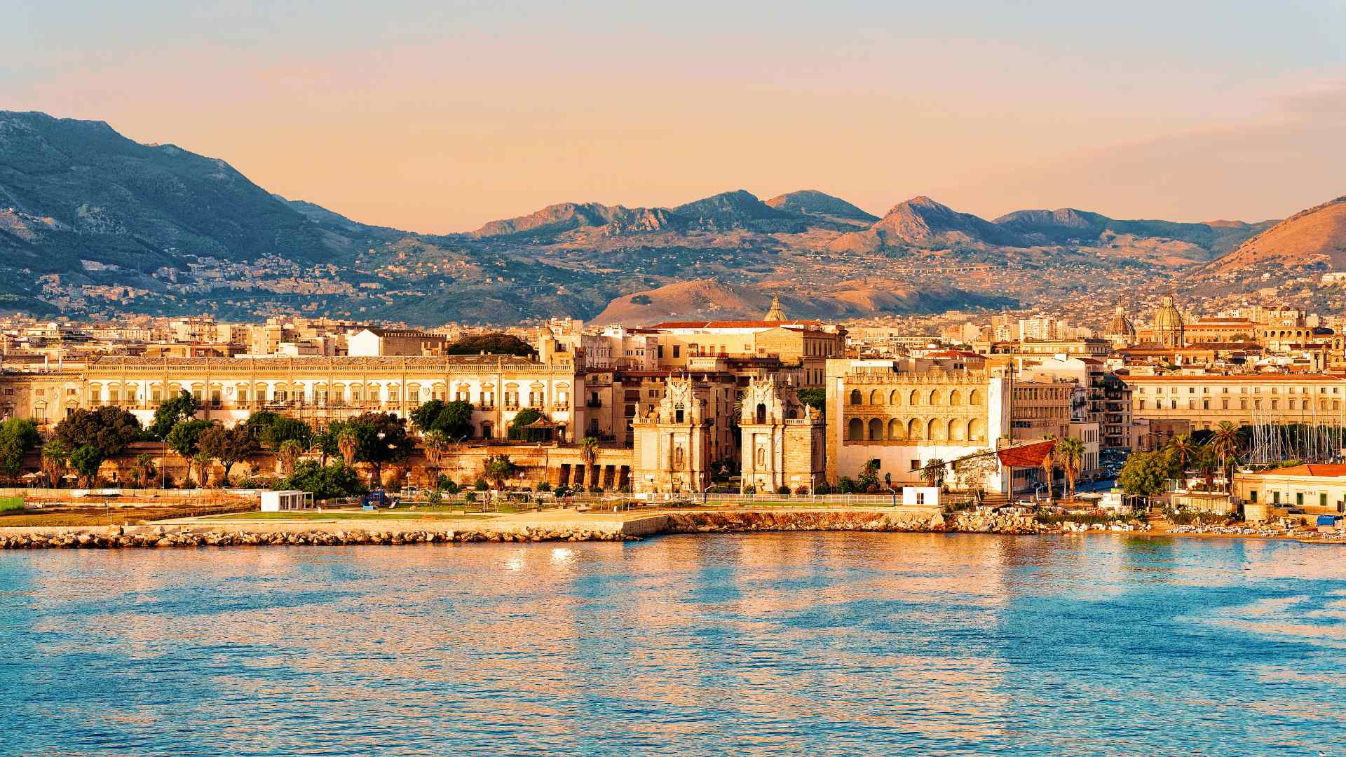 Palermo waterfront and mountain skyline at sunset, Sicily