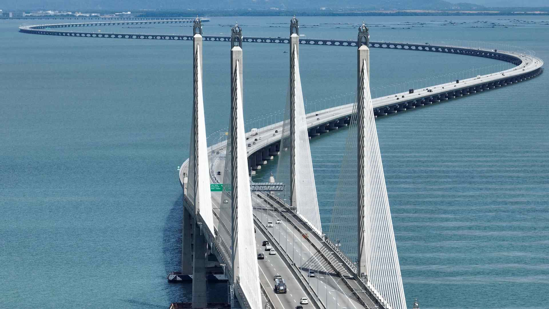 Penang Bridge stretching across the strait in Malaysia