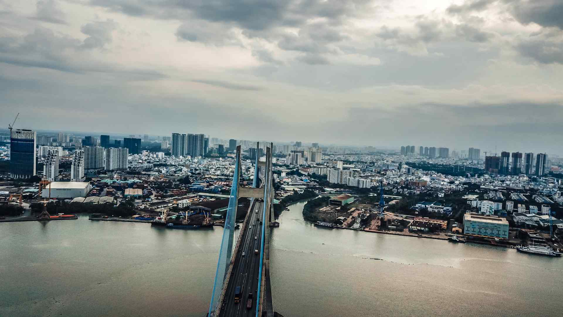 Ho Chi Minh City skyline and river viewed from above