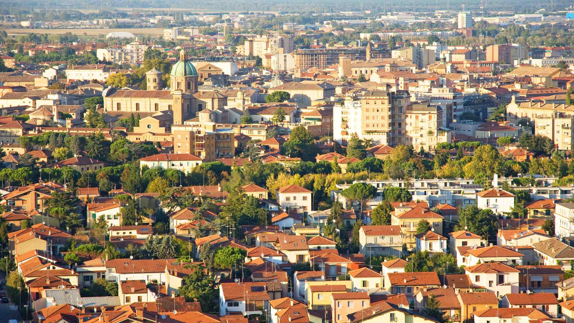 Aerial view across Ravenna and its historic city center