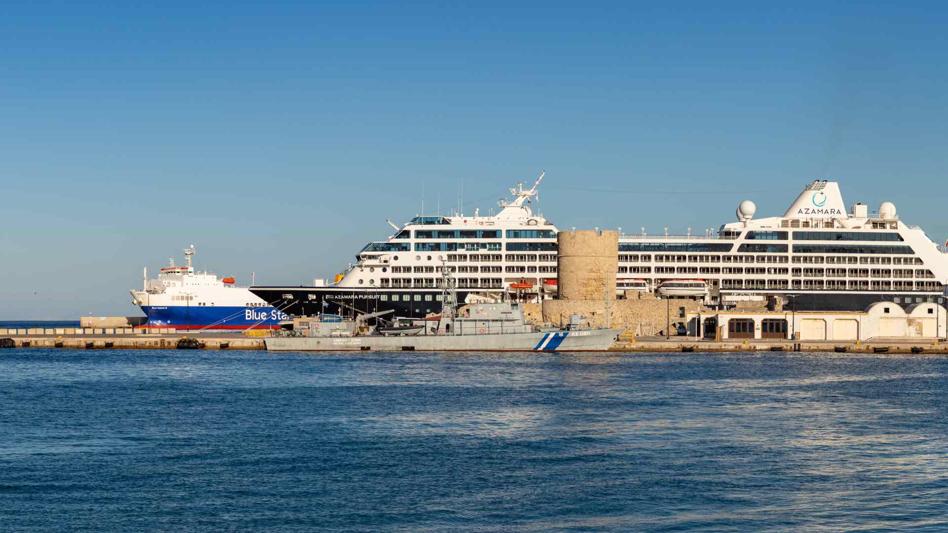 Cruise ship docked at Rhodes harbor in Greece