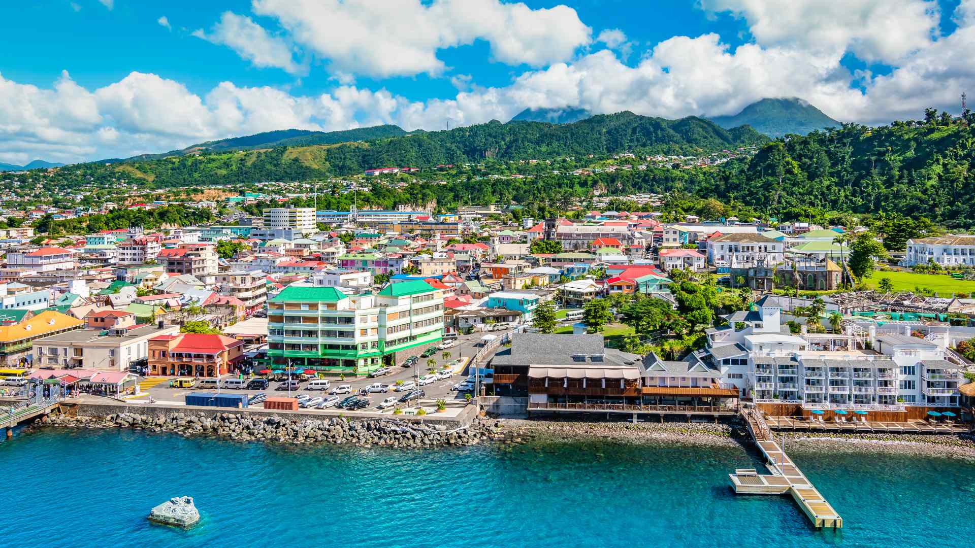 Colorful waterfront buildings along Roseau, Dominica