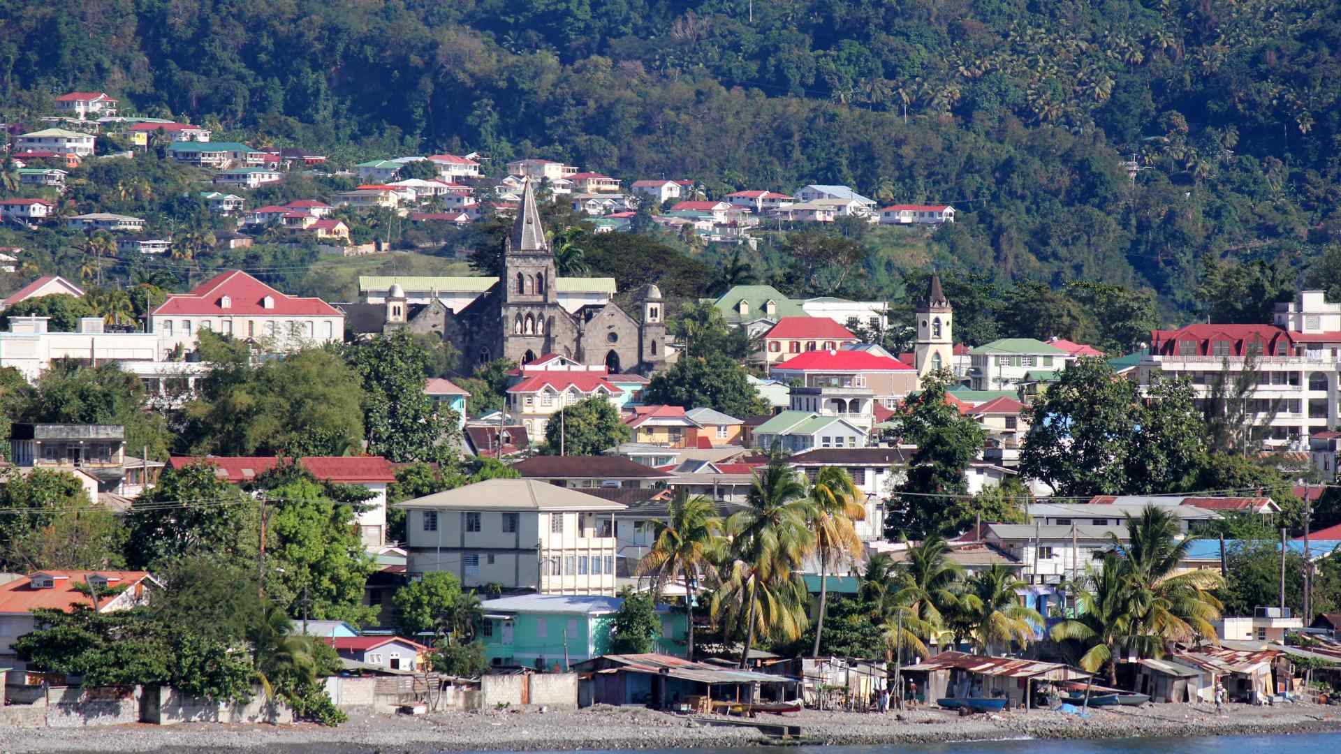 Roseau Cathedral rising above the capital of Dominica