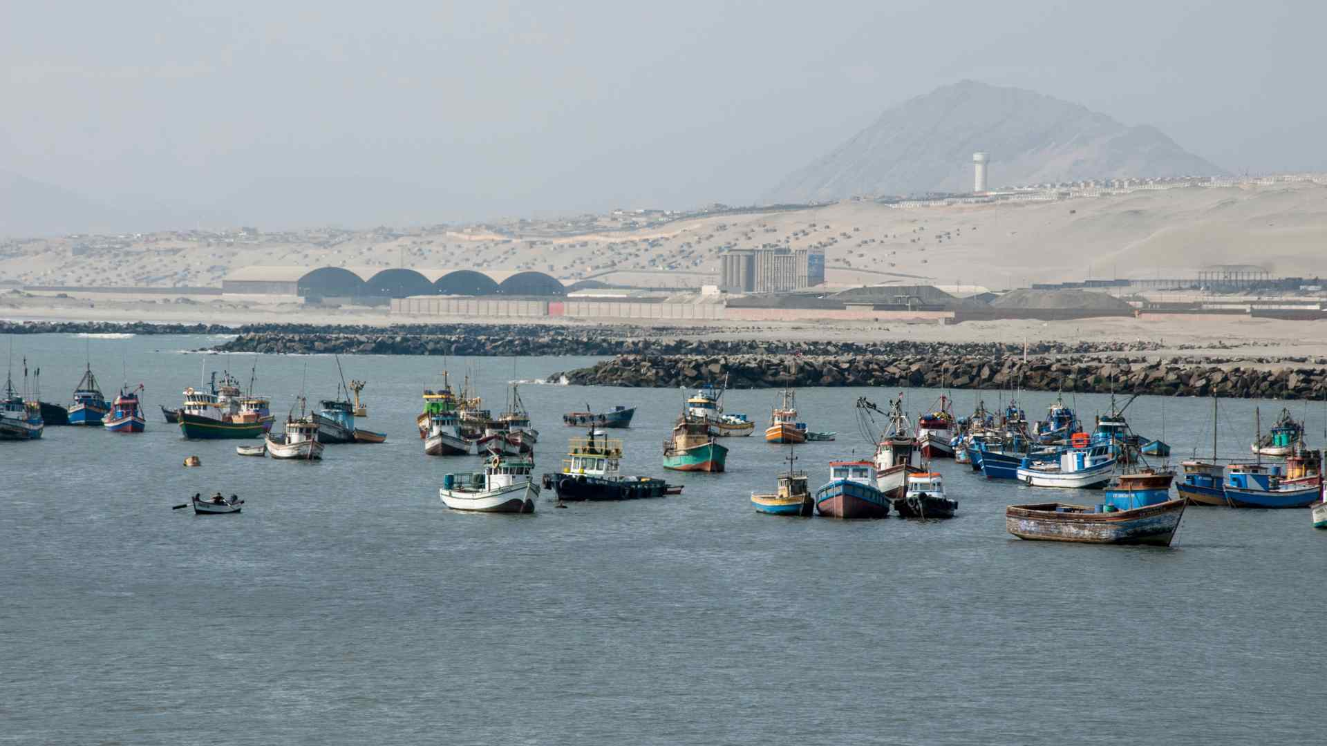 Fishing boats gathered inside Salaverry harbor