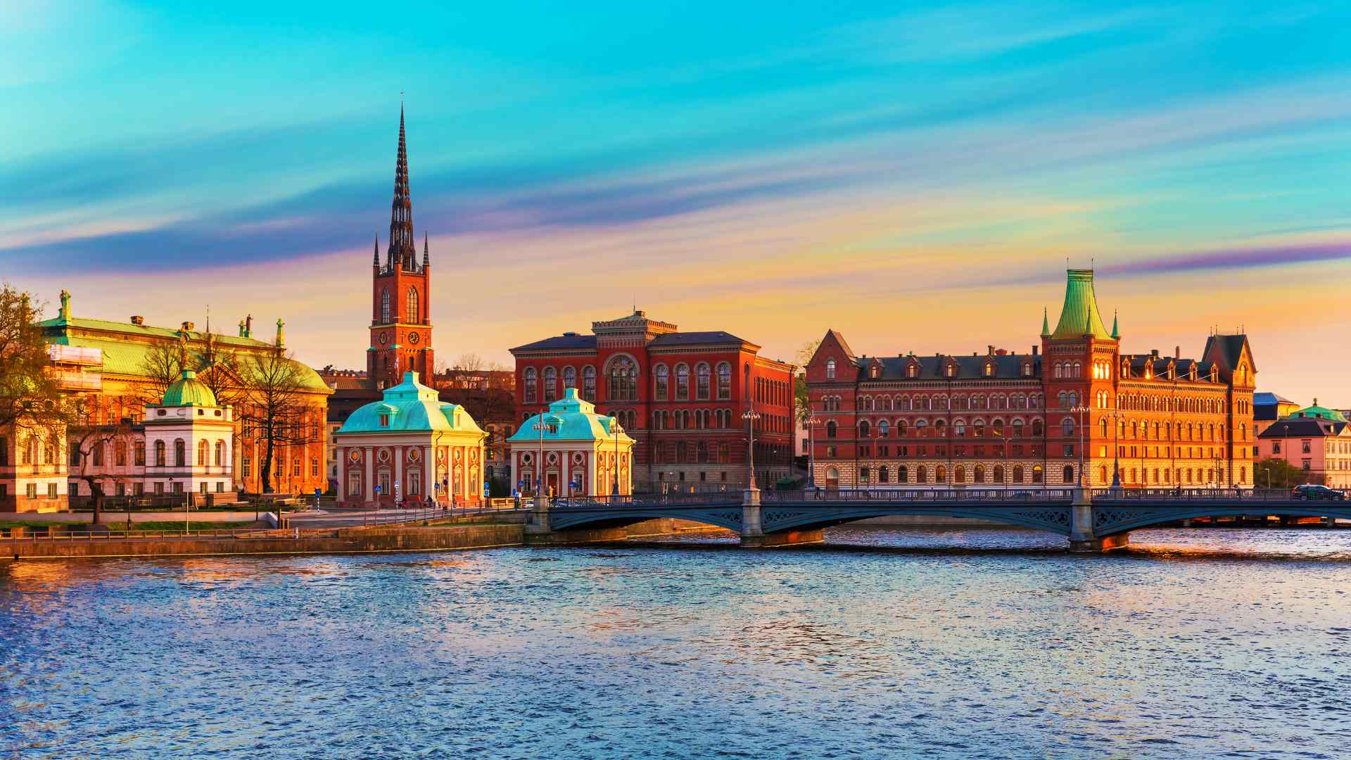Stockholm waterfront and City Hall at sunset