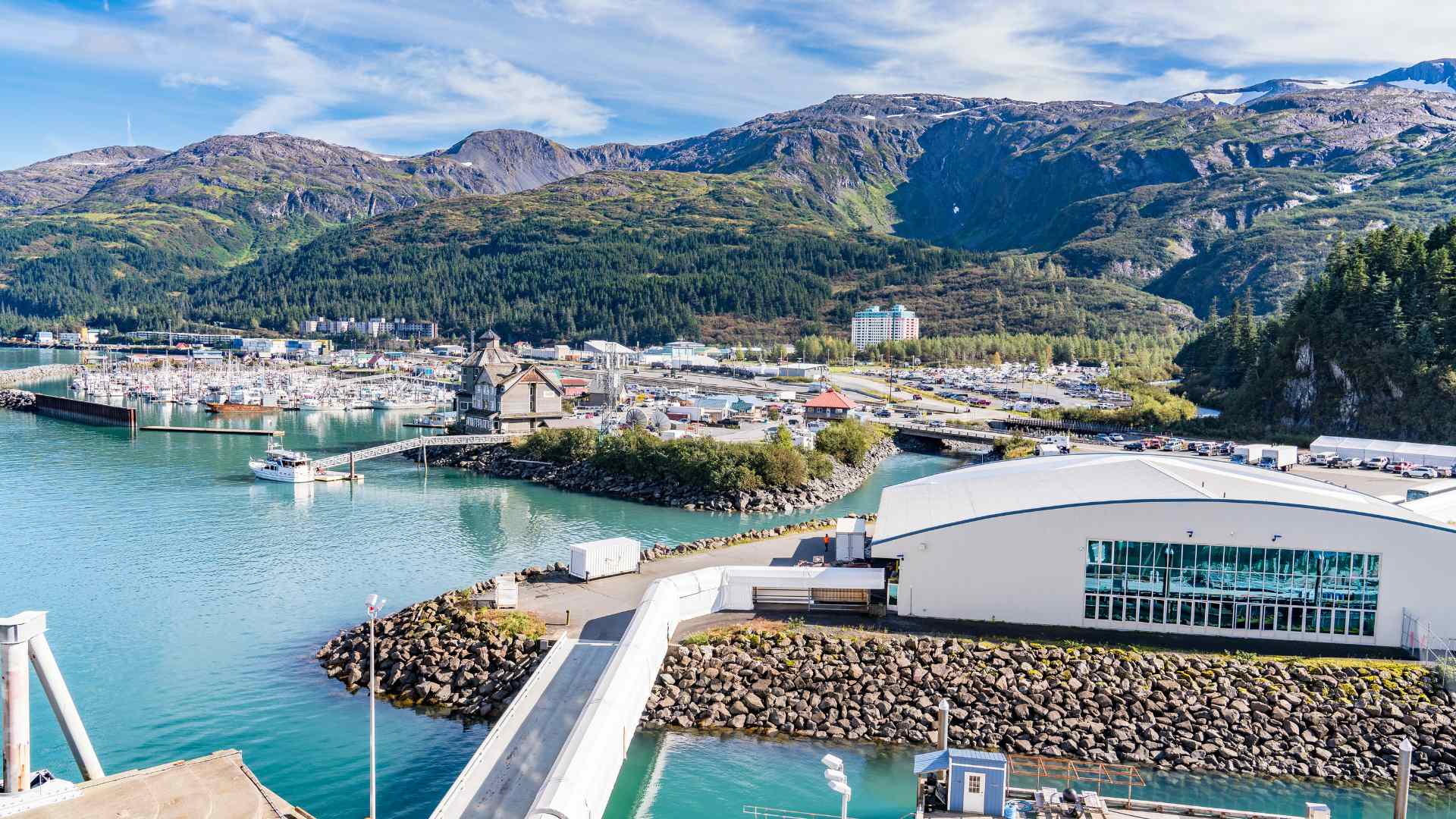 Aerial view of Whittier harbor and cruise terminal in Alaska
