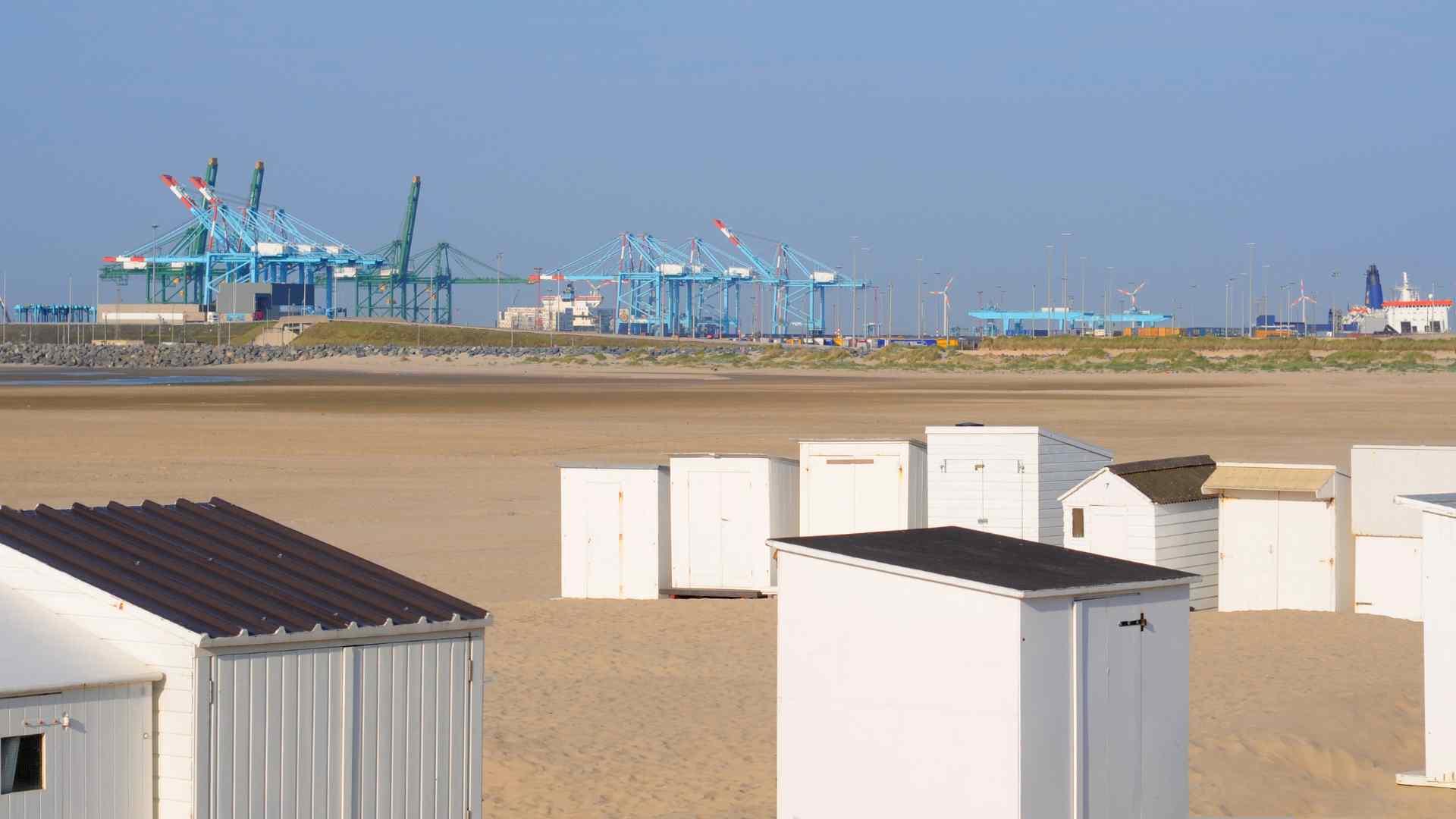 Container cranes across the industrial harbor at Zeebrugge