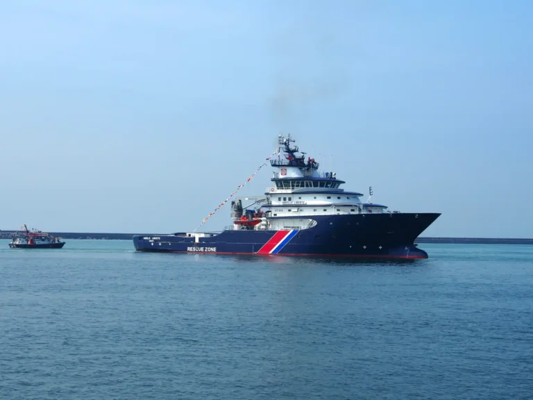 The Abeille Liberté rescue vessel navigating the waters of Le Havre port.