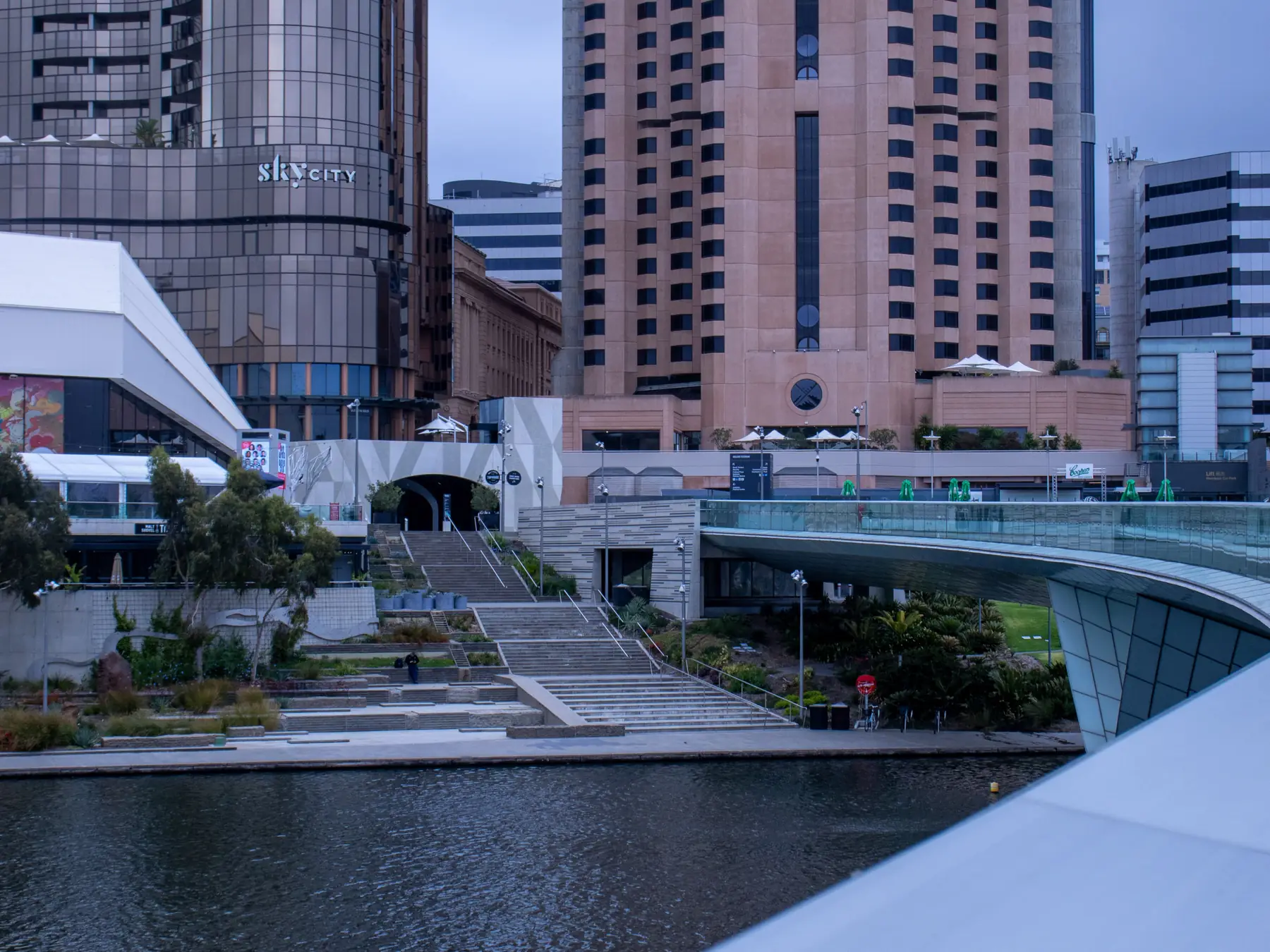 Adelaide city skyline reflected in the Torrens River in South Australia.