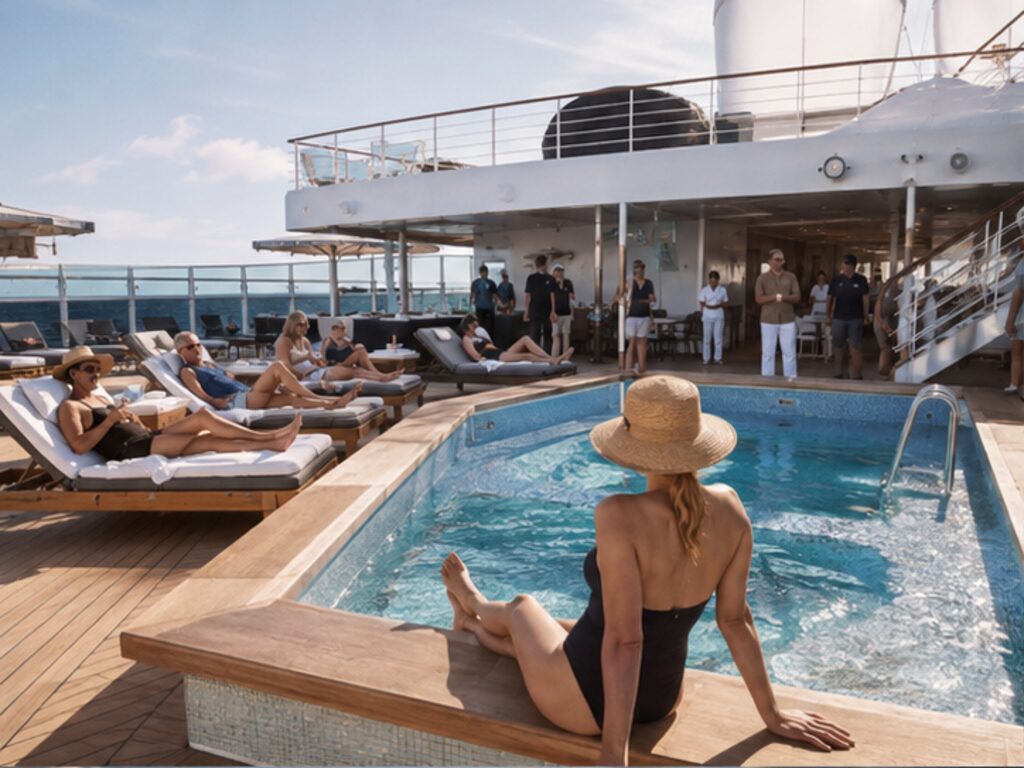 Adult passengers relaxing around a stylish adults-only cruise ship pool deck