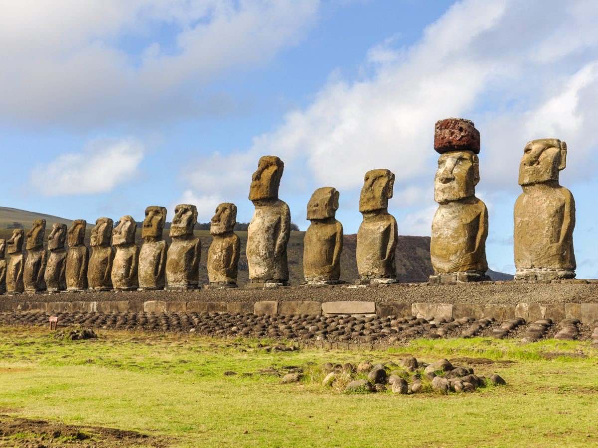 Fifteen moai standing in a row at Ahu Tongariki on Easter Island