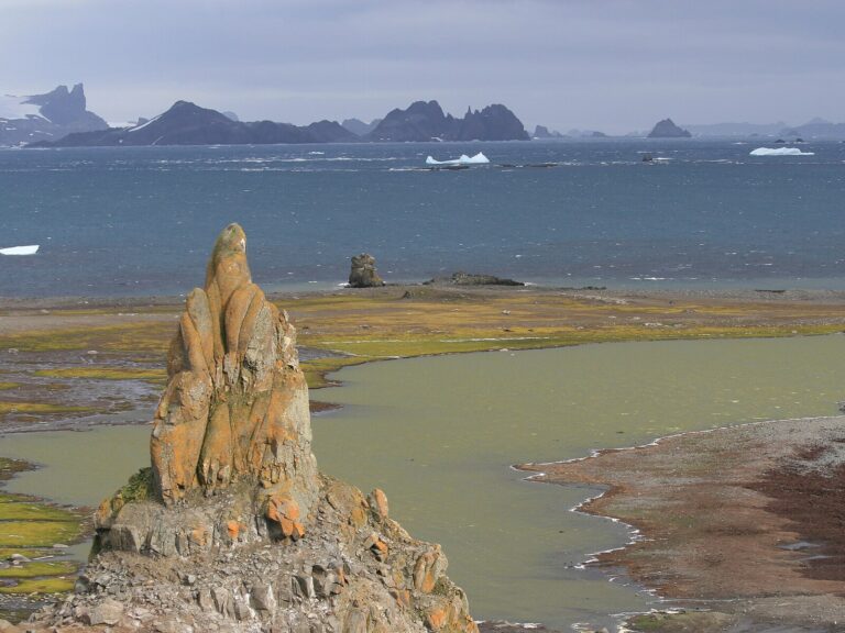 Rocky Aitcho Islands landscape with moss-covered ground, icy water, and jagged Antarctic peaks
