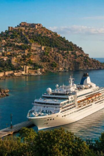 Cruise ship docked at Alanya Cruise Port below Alanya Castle and the Red Tower in Türkiye
