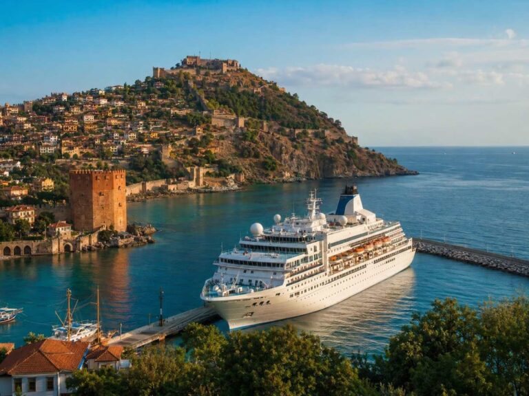Cruise ship docked at Alanya Cruise Port below Alanya Castle and the Red Tower in Türkiye