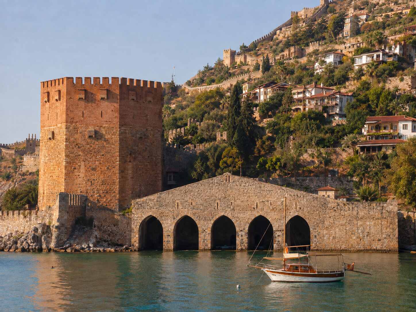 Alanya Red Tower beside the five-arched Seljuk Shipyard on the Mediterranean waterfront
