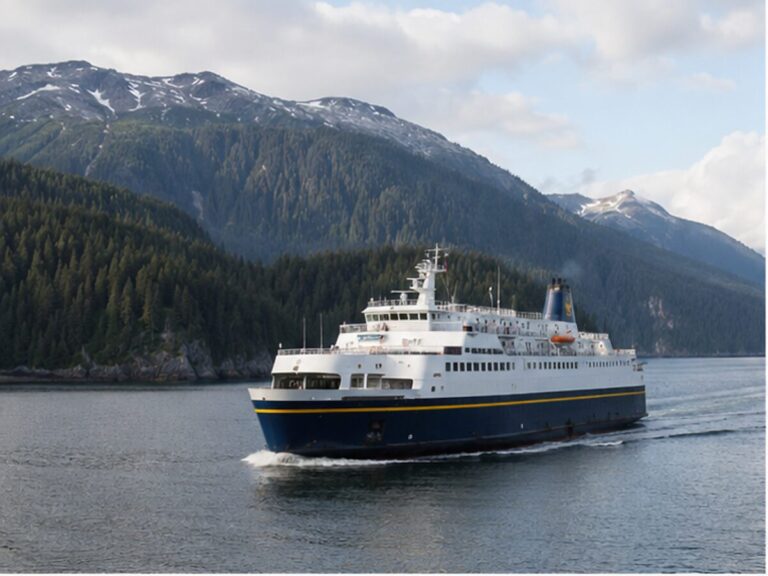 Passenger and vehicle ferry sailing through forested Southeast Alaska