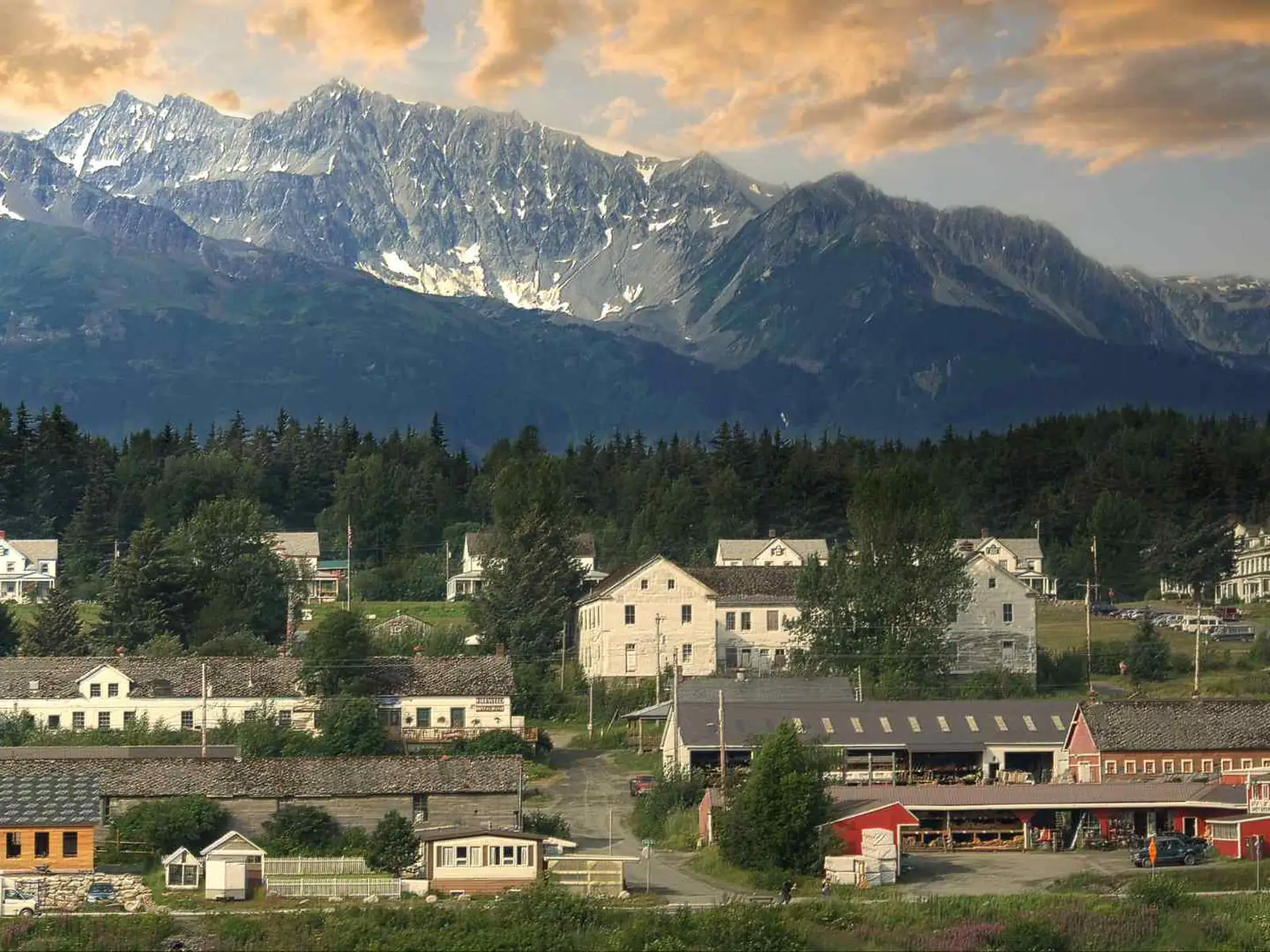 Haines town beneath rugged mountains in Southeast Alaska