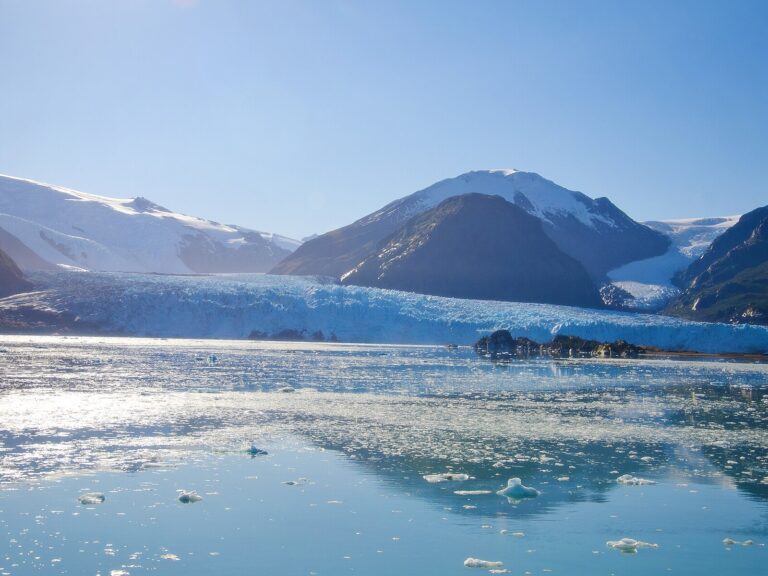 Amalia Glacier flowing into a calm Patagonian fjord in Bernardo O’Higgins National Park, Chile
