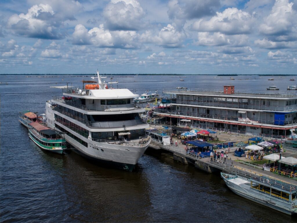 Expedition river ship at the floating port of Manaus on the Amazon