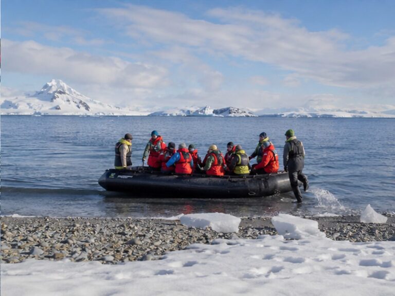Expedition travelers making a Zodiac landing on a snowy Antarctic beach