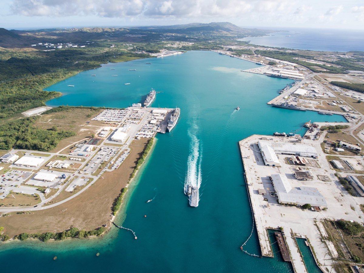 Aerial view across Apra Harbor and its port facilities in Guam