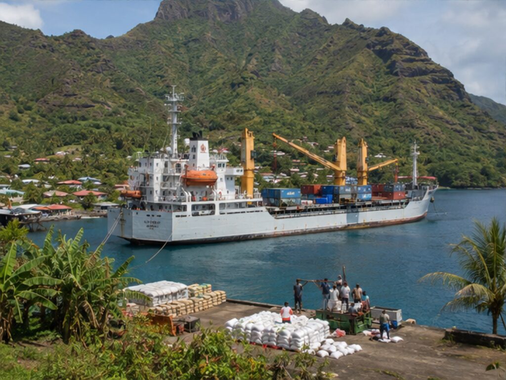 Mixed passenger-cargo ship unloading supplies beside a Marquesas island village