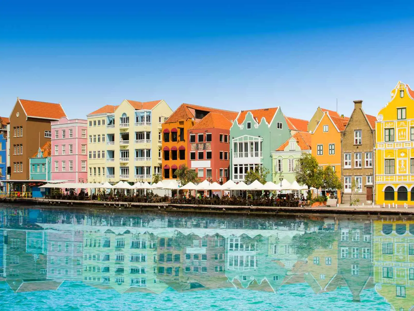Colorful Handelskade waterfront reflected in Willemstad harbor