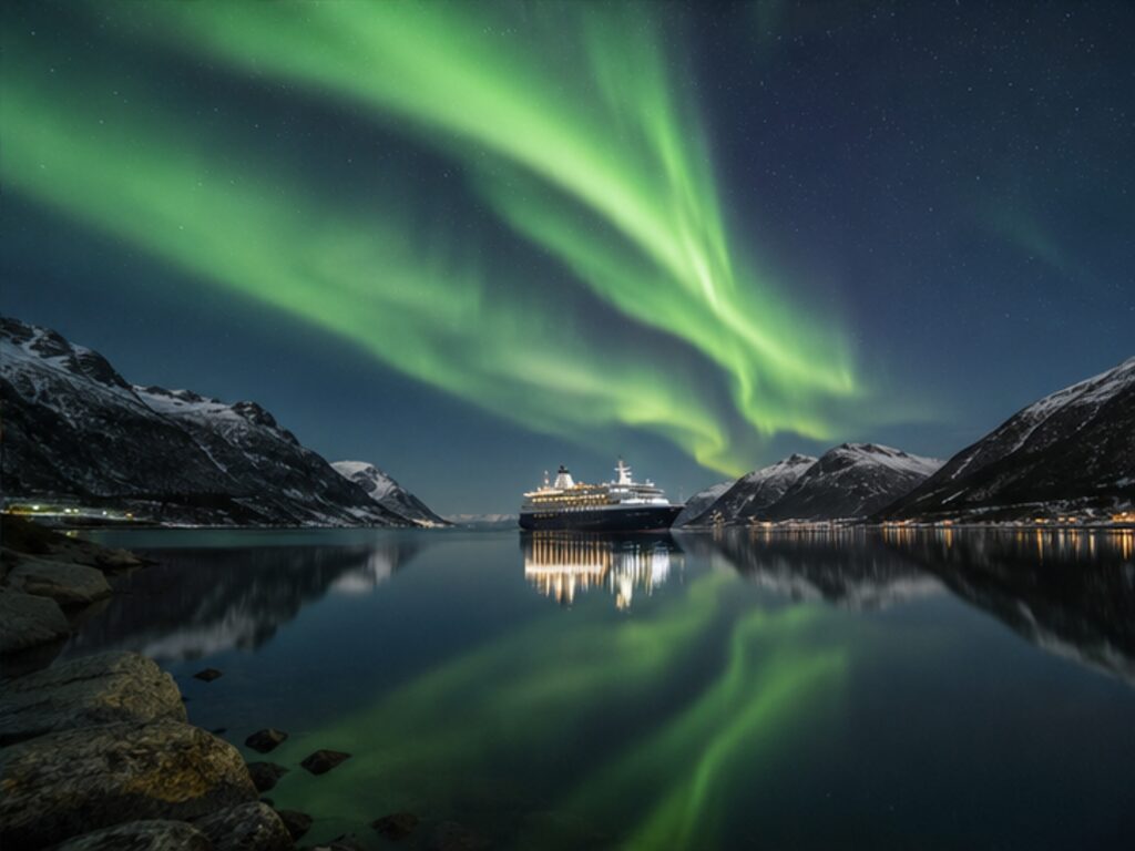 Northern lights reflected in a calm Norwegian fjord with a passenger ship in the distance