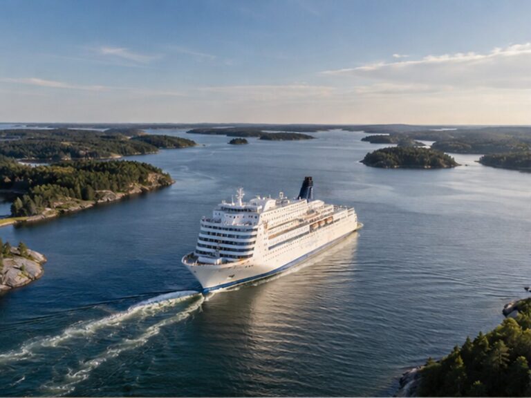 Large overnight ferry sailing through the wooded Stockholm archipelago