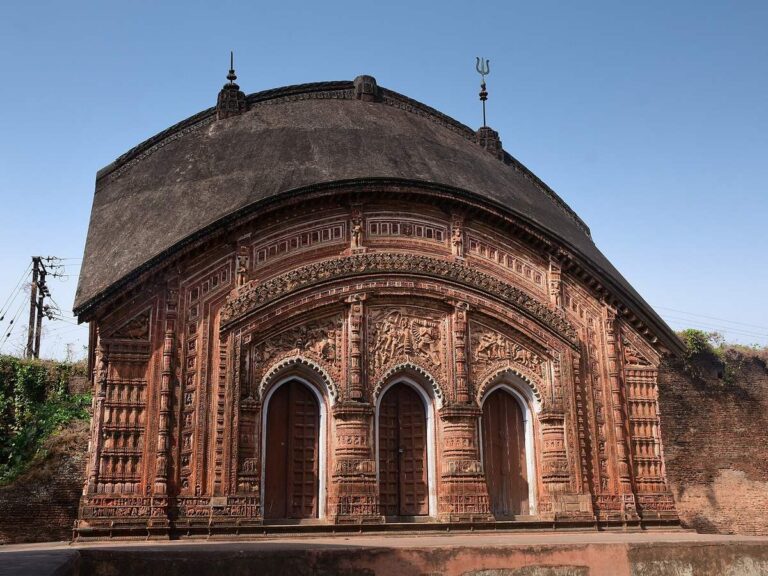 Ornately carved terracotta facade of a Char Bangla temple at Baranagar