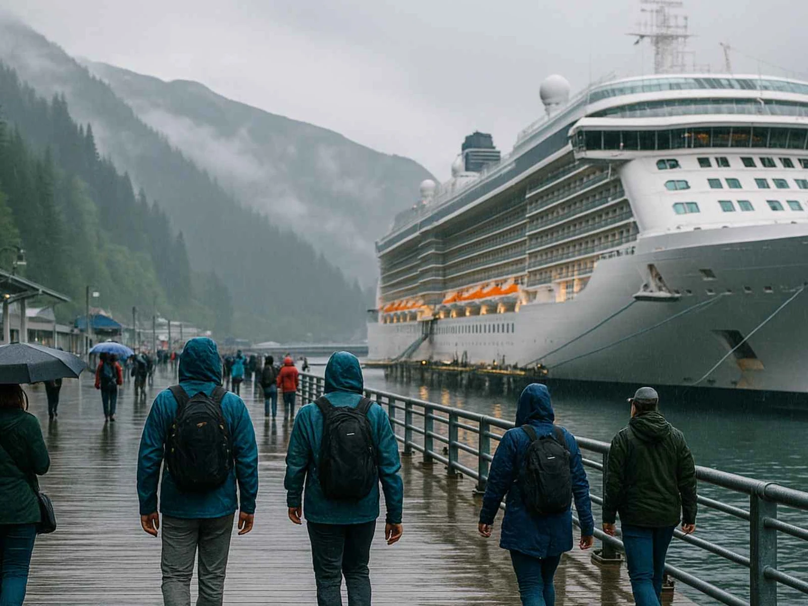 Cruise passengers walking a rainy waterfront boardwalk